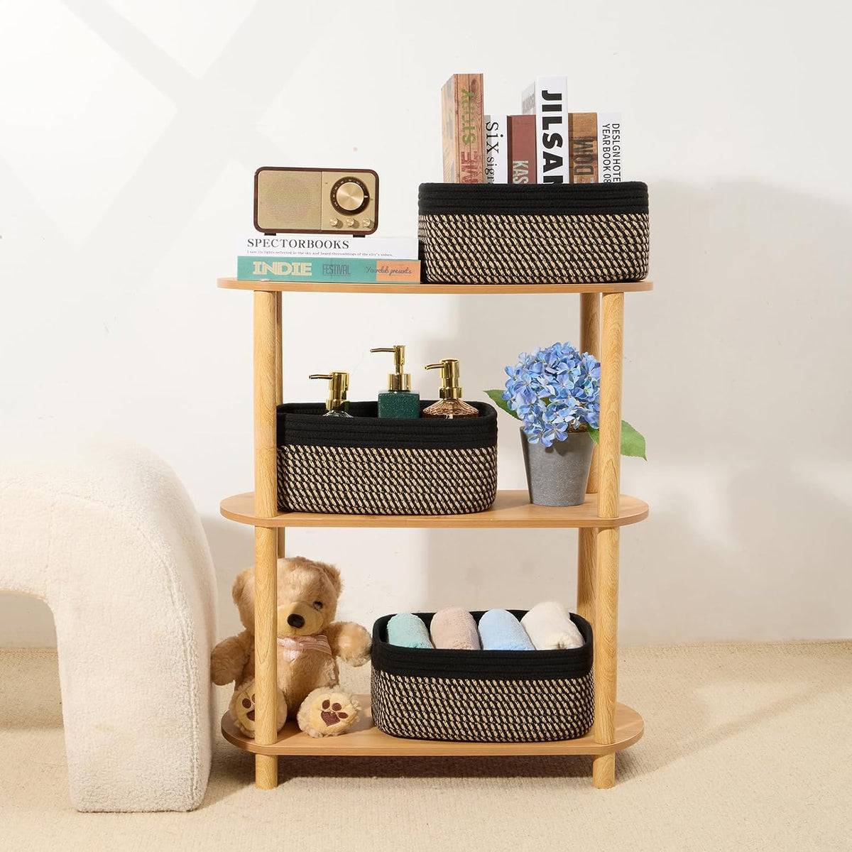 MiniArk Small Storage Baskets for Organizing | Closet Organizer Bins | Shelf Toy Basket | Woven Rope Baskets | Cube Decorative Box | Shallow Basket | 11.5x7.5x4.7” | 3 Packs Light Pink