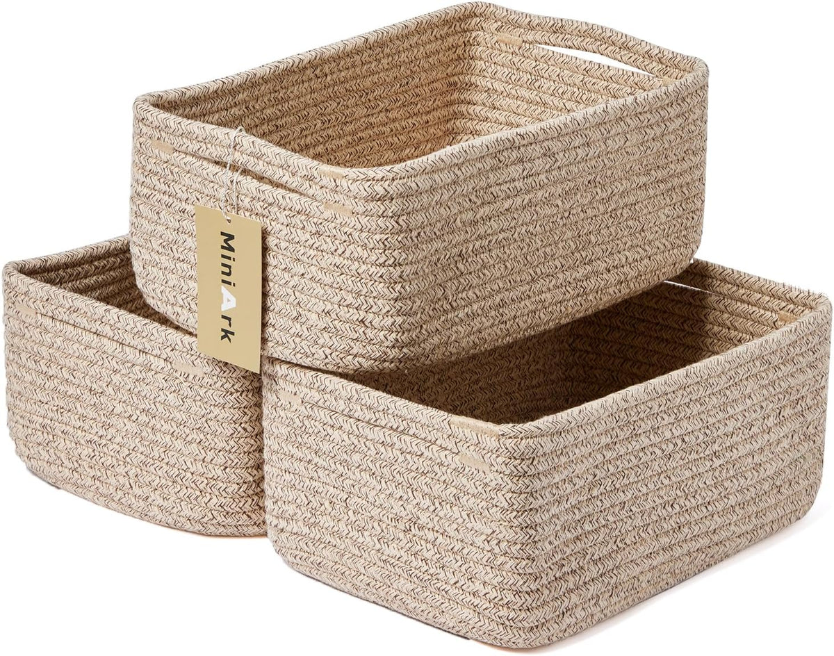 MiniArk Small Storage Baskets for Organizing | Closet Organizer Bins | Shelf Toy Basket | Woven Rope Baskets | Cube Decorative Box | Shallow Basket | 11.5x7.5x4.7” | 3 Packs Light Pink