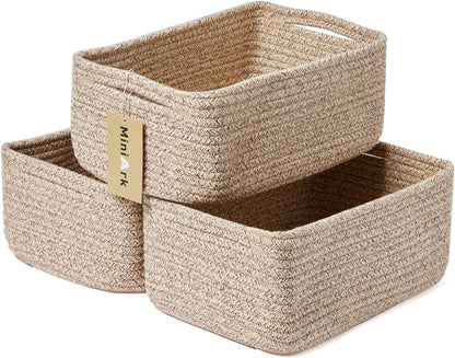 MiniArk Small Storage Baskets for Organizing | Closet Organizer Bins | Shelf Toy Basket | Woven Rope Baskets | Cube Decorative Box | Shallow Basket | 11.5x7.5x4.7” | 3 Packs Light Pink