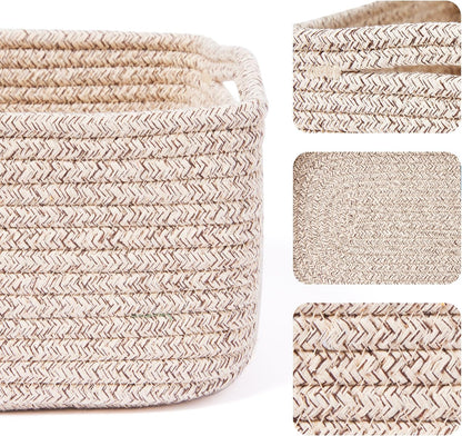 MiniArk Small Storage Baskets for Organizing | Closet Organizer Bins | Shelf Toy Basket | Woven Rope Baskets | Cube Decorative Box | Shallow Basket | 11.5x7.5x4.7” | 3 Packs Light Pink