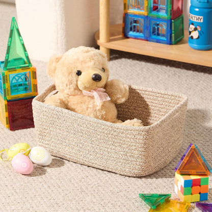 MiniArk Small Storage Baskets for Organizing | Closet Organizer Bins | Shelf Toy Basket | Woven Rope Baskets | Cube Decorative Box | Shallow Basket | 11.5x7.5x4.7” | 3 Packs Light Pink