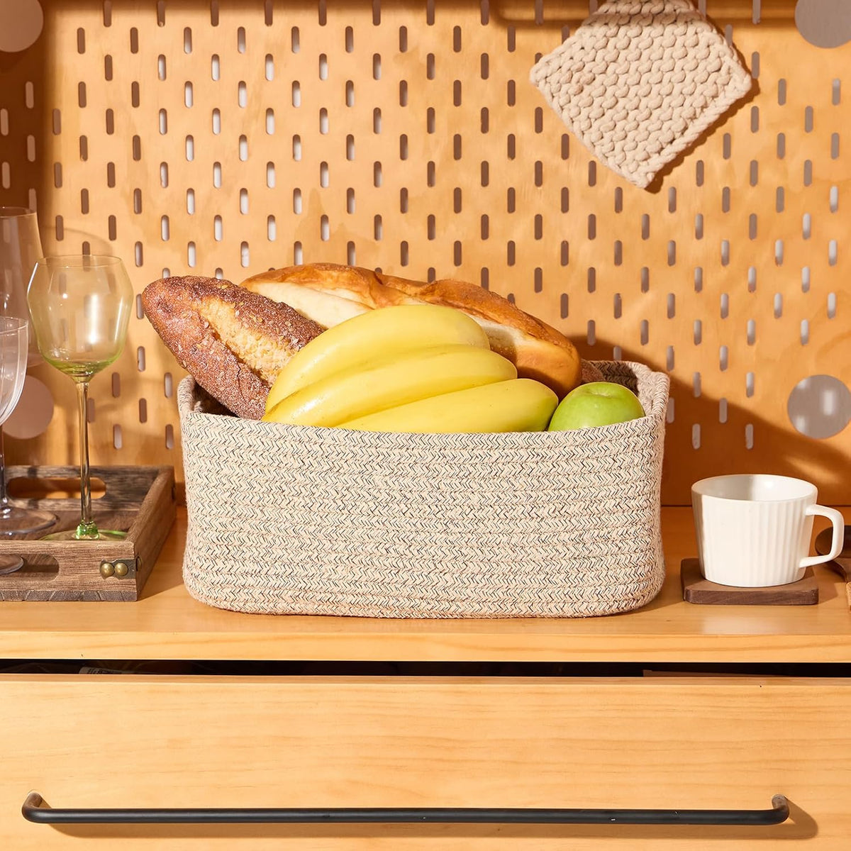 MiniArk Small Storage Baskets for Organizing | Closet Organizer Bins | Shelf Toy Basket | Woven Rope Baskets | Cube Decorative Box | Shallow Basket | 11.5x7.5x4.7” | 3 Packs Light Pink