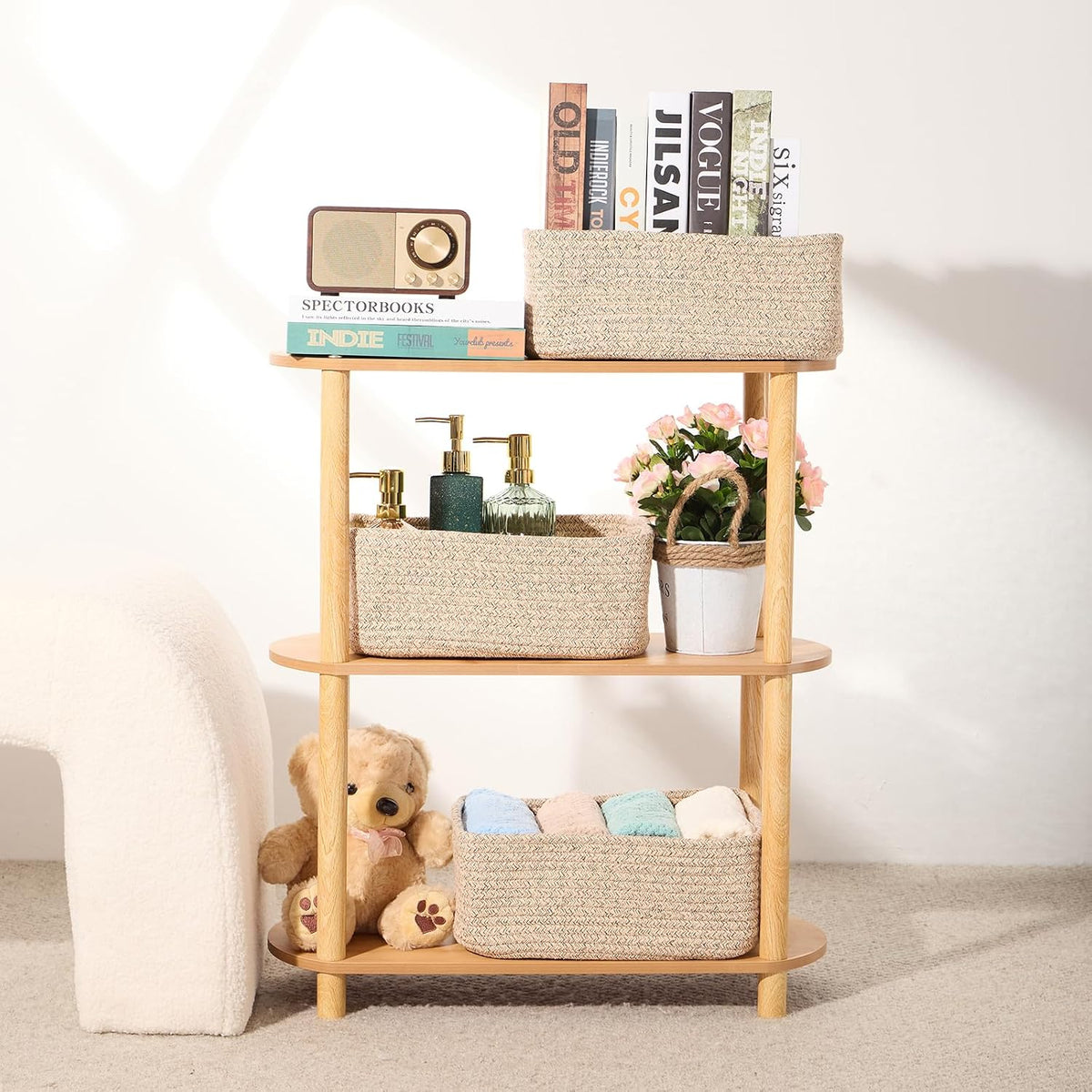 MiniArk Small Storage Baskets for Organizing | Closet Organizer Bins | Shelf Toy Basket | Woven Rope Baskets | Cube Decorative Box | Shallow Basket | 11.5x7.5x4.7” | 3 Packs Light Pink