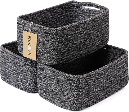 MiniArk Small Storage Baskets for Organizing | Closet Organizer Bins | Shelf Toy Basket | Woven Rope Baskets | Cube Decorative Box | Shallow Basket | 11.5x7.5x4.7” | 3 Packs Light Pink