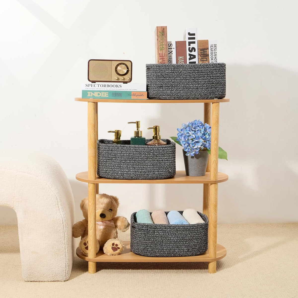 MiniArk Small Storage Baskets for Organizing | Closet Organizer Bins | Shelf Toy Basket | Woven Rope Baskets | Cube Decorative Box | Shallow Basket | 11.5x7.5x4.7” | 3 Packs Light Pink