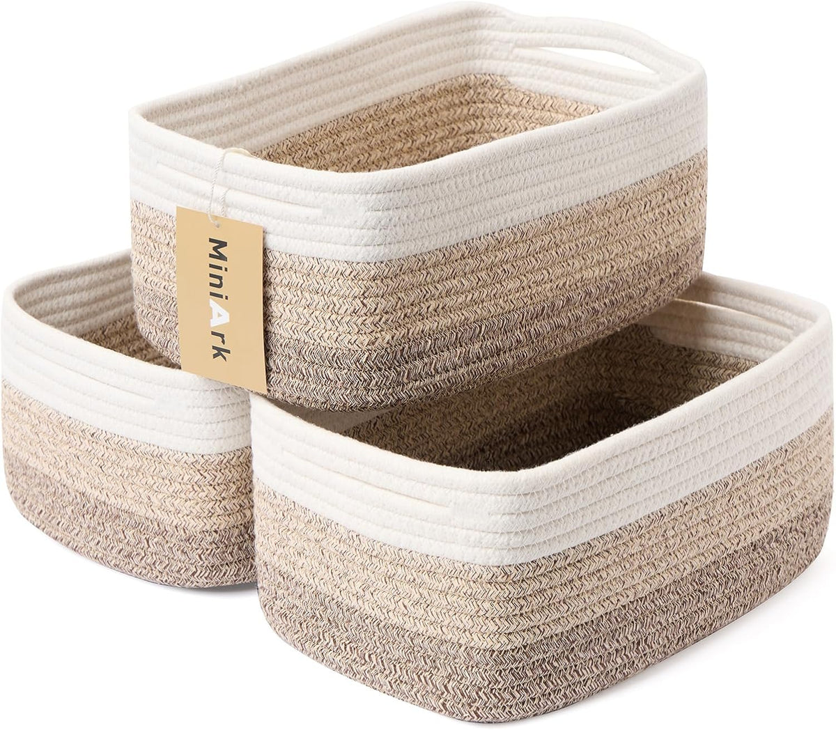 MiniArk Small Storage Baskets for Organizing | Closet Organizer Bins | Shelf Toy Basket | Woven Rope Baskets | Cube Decorative Box | Shallow Basket | 11.5x7.5x4.7” | 3 Packs Light Pink