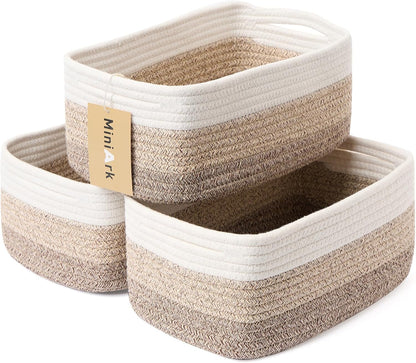 MiniArk Small Storage Baskets for Organizing | Closet Organizer Bins | Shelf Toy Basket | Woven Rope Baskets | Cube Decorative Box | Shallow Basket | 11.5x7.5x4.7” | 3 Packs Light Pink