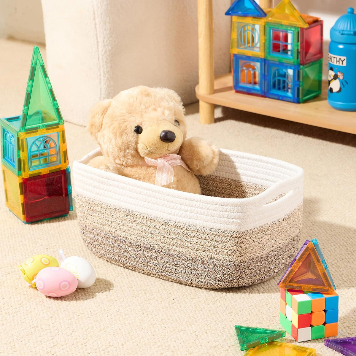 MiniArk Small Storage Baskets for Organizing | Closet Organizer Bins | Shelf Toy Basket | Woven Rope Baskets | Cube Decorative Box | Shallow Basket | 11.5x7.5x4.7” | 3 Packs Light Pink