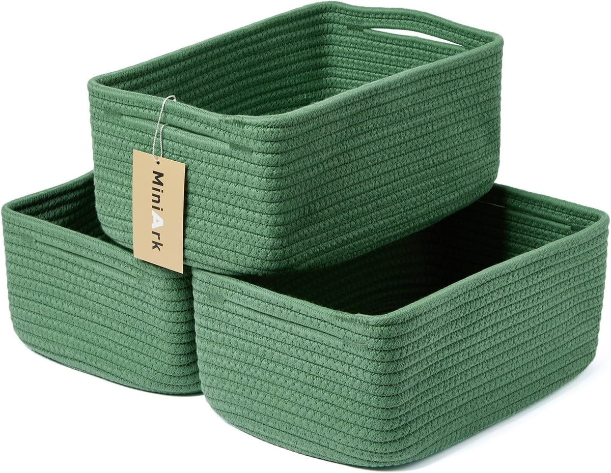 MiniArk Small Storage Baskets for Organizing | Closet Organizer Bins | Shelf Toy Basket | Woven Rope Baskets | Cube Decorative Box | Shallow Basket | 11.5x7.5x4.7” | 3 Packs Light Pink