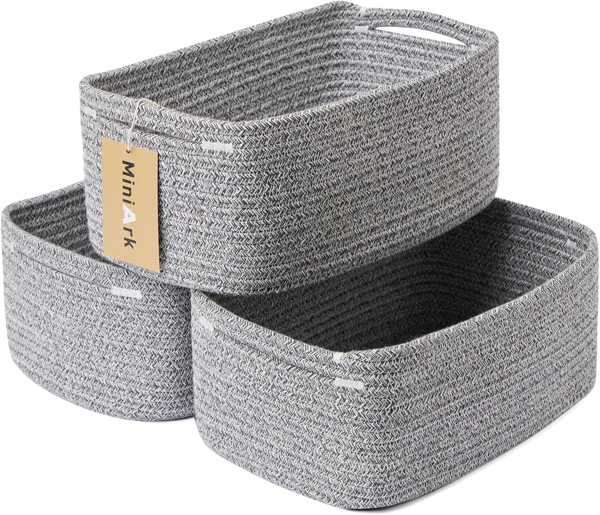 MiniArk Small Storage Baskets for Organizing | Closet Organizer Bins | Shelf Toy Basket | Woven Rope Baskets | Cube Decorative Box | Shallow Basket | 11.5x7.5x4.7” | 3 Packs Light Pink
