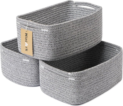 MiniArk Small Storage Baskets for Organizing | Closet Organizer Bins | Shelf Toy Basket | Woven Rope Baskets | Cube Decorative Box | Shallow Basket | 11.5x7.5x4.7” | 3 Packs Light Pink