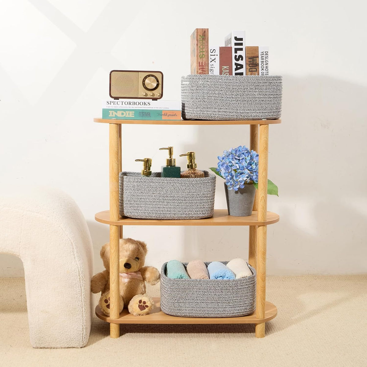 MiniArk Small Storage Baskets for Organizing | Closet Organizer Bins | Shelf Toy Basket | Woven Rope Baskets | Cube Decorative Box | Shallow Basket | 11.5x7.5x4.7” | 3 Packs Light Pink