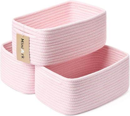MiniArk Small Storage Baskets for Organizing | Closet Organizer Bins | Shelf Toy Basket | Woven Rope Baskets | Cube Decorative Box | Shallow Basket | 11.5x7.5x4.7” | 3 Packs Light Pink