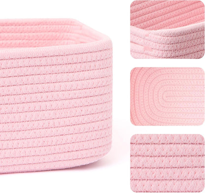 MiniArk Small Storage Baskets for Organizing | Closet Organizer Bins | Shelf Toy Basket | Woven Rope Baskets | Cube Decorative Box | Shallow Basket | 11.5x7.5x4.7” | 3 Packs Light Pink