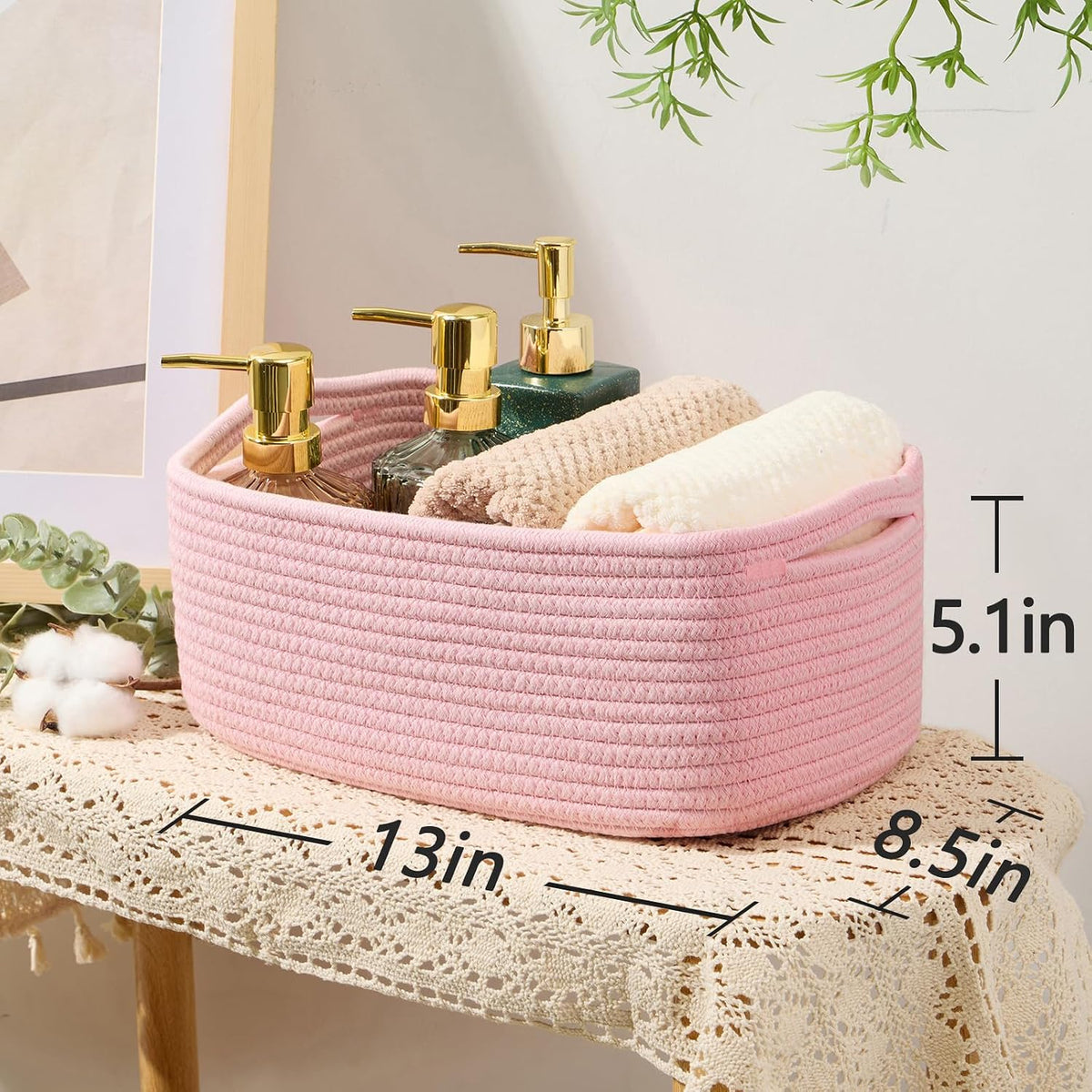 MiniArk Small Storage Baskets for Organizing | Closet Organizer Bins | Shelf Toy Basket | Woven Rope Baskets | Cube Decorative Box | Shallow Basket | 11.5x7.5x4.7” | 3 Packs Light Pink