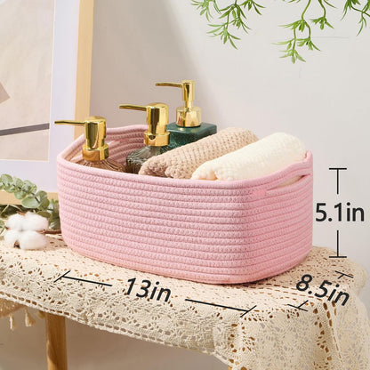 MiniArk Small Storage Baskets for Organizing | Closet Organizer Bins | Shelf Toy Basket | Woven Rope Baskets | Cube Decorative Box | Shallow Basket | 11.5x7.5x4.7” | 3 Packs Light Pink
