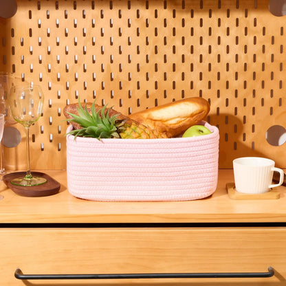 MiniArk Small Storage Baskets for Organizing | Closet Organizer Bins | Shelf Toy Basket | Woven Rope Baskets | Cube Decorative Box | Shallow Basket | 11.5x7.5x4.7” | 3 Packs Light Pink