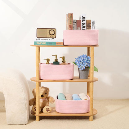 MiniArk Small Storage Baskets for Organizing | Closet Organizer Bins | Shelf Toy Basket | Woven Rope Baskets | Cube Decorative Box | Shallow Basket | 11.5x7.5x4.7” | 3 Packs Light Pink