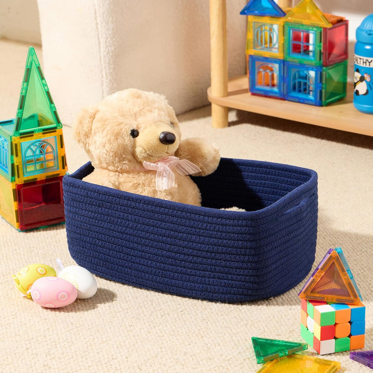 MiniArk Small Storage Baskets for Organizing | Closet Organizer Bins | Shelf Toy Basket | Woven Rope Baskets | Cube Decorative Box | Shallow Basket | 11.5x7.5x4.7” | 3 Packs Light Pink
