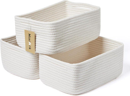 MiniArk Small Storage Baskets for Organizing | Closet Organizer Bins | Shelf Toy Basket | Woven Rope Baskets | Cube Decorative Box | Shallow Basket | 11.5x7.5x4.7” | 3 Packs Light Pink
