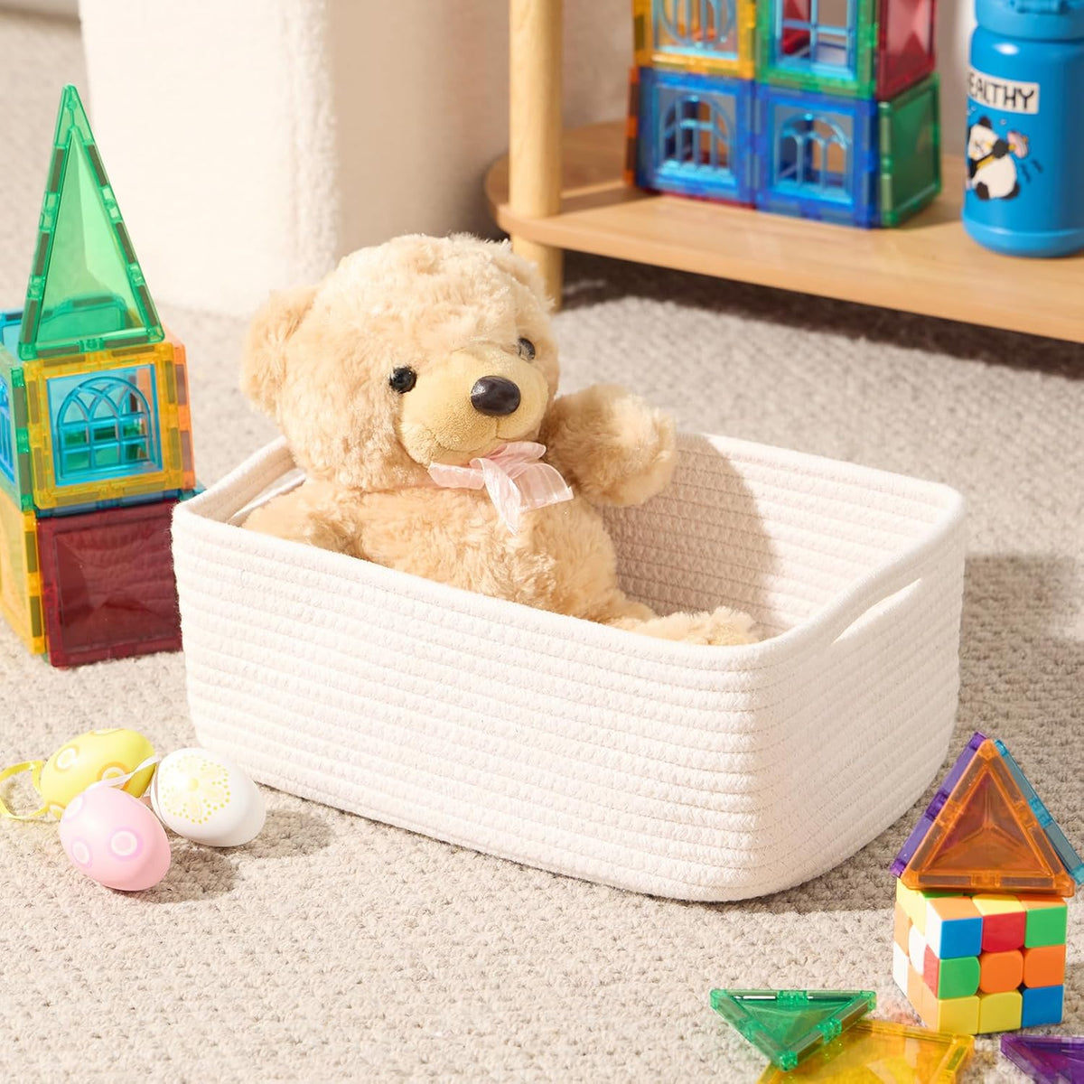 MiniArk Small Storage Baskets for Organizing | Closet Organizer Bins | Shelf Toy Basket | Woven Rope Baskets | Cube Decorative Box | Shallow Basket | 11.5x7.5x4.7” | 3 Packs Light Pink
