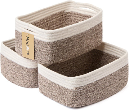 MiniArk Small Storage Baskets for Organizing | Closet Organizer Bins | Shelf Toy Basket | Woven Rope Baskets | Cube Decorative Box | Shallow Basket | 11.5x7.5x4.7” | 3 Packs Light Pink