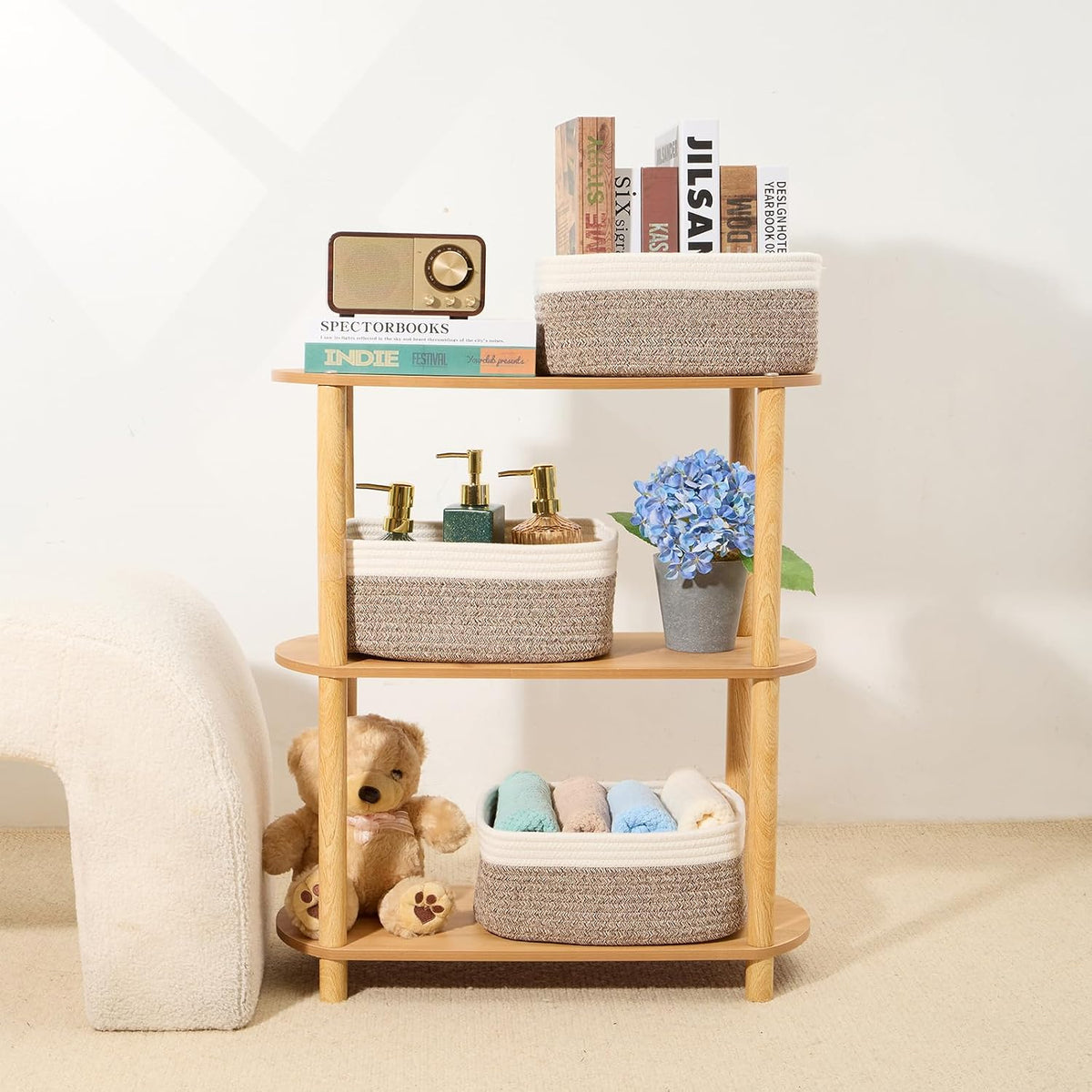 MiniArk Small Storage Baskets for Organizing | Closet Organizer Bins | Shelf Toy Basket | Woven Rope Baskets | Cube Decorative Box | Shallow Basket | 11.5x7.5x4.7” | 3 Packs Light Pink