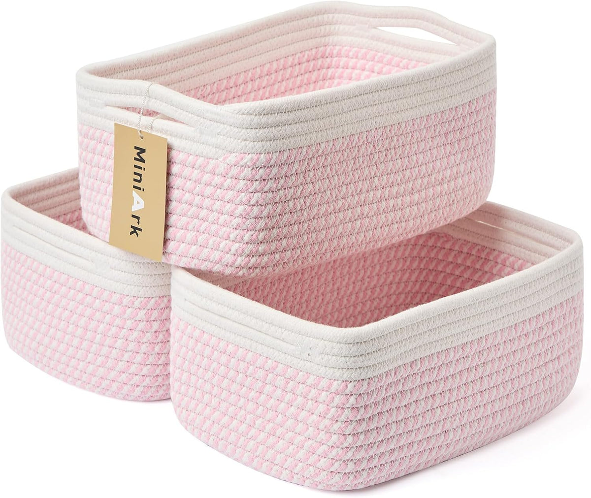 MiniArk Small Storage Baskets for Organizing | Closet Organizer Bins | Shelf Toy Basket | Woven Rope Baskets | Cube Decorative Box | Shallow Basket | 11.5x7.5x4.7” | 3 Packs Light Pink