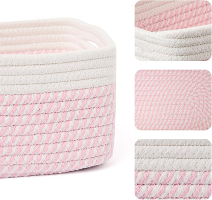 MiniArk Small Storage Baskets for Organizing | Closet Organizer Bins | Shelf Toy Basket | Woven Rope Baskets | Cube Decorative Box | Shallow Basket | 11.5x7.5x4.7” | 3 Packs Light Pink