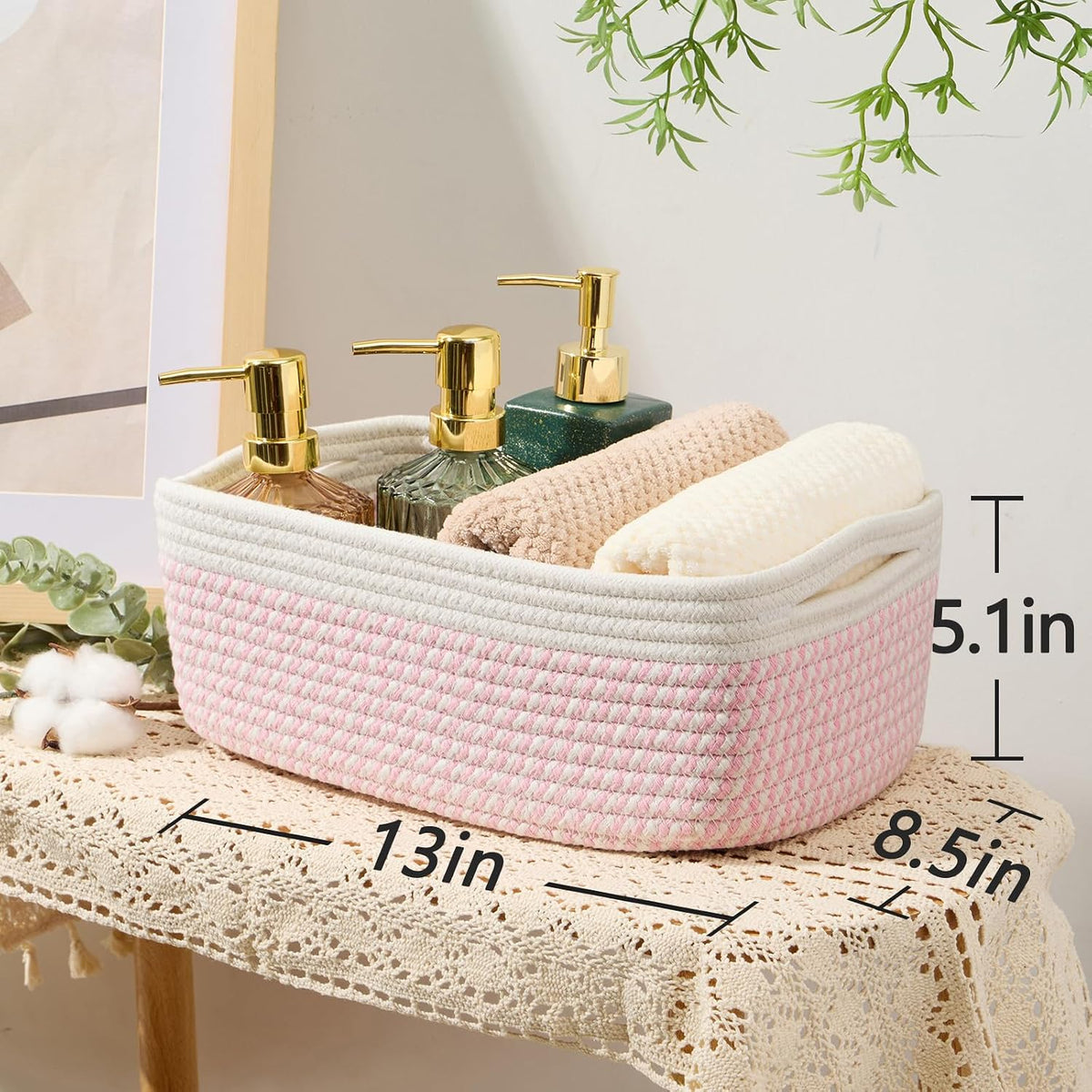 MiniArk Small Storage Baskets for Organizing | Closet Organizer Bins | Shelf Toy Basket | Woven Rope Baskets | Cube Decorative Box | Shallow Basket | 11.5x7.5x4.7” | 3 Packs Light Pink