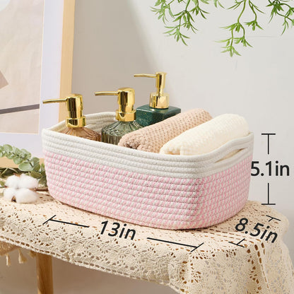 MiniArk Small Storage Baskets for Organizing | Closet Organizer Bins | Shelf Toy Basket | Woven Rope Baskets | Cube Decorative Box | Shallow Basket | 11.5x7.5x4.7” | 3 Packs Light Pink