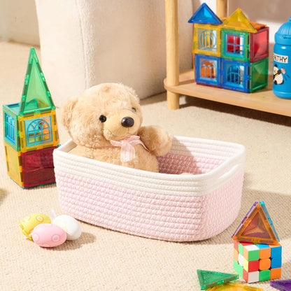 MiniArk Small Storage Baskets for Organizing | Closet Organizer Bins | Shelf Toy Basket | Woven Rope Baskets | Cube Decorative Box | Shallow Basket | 11.5x7.5x4.7” | 3 Packs Light Pink