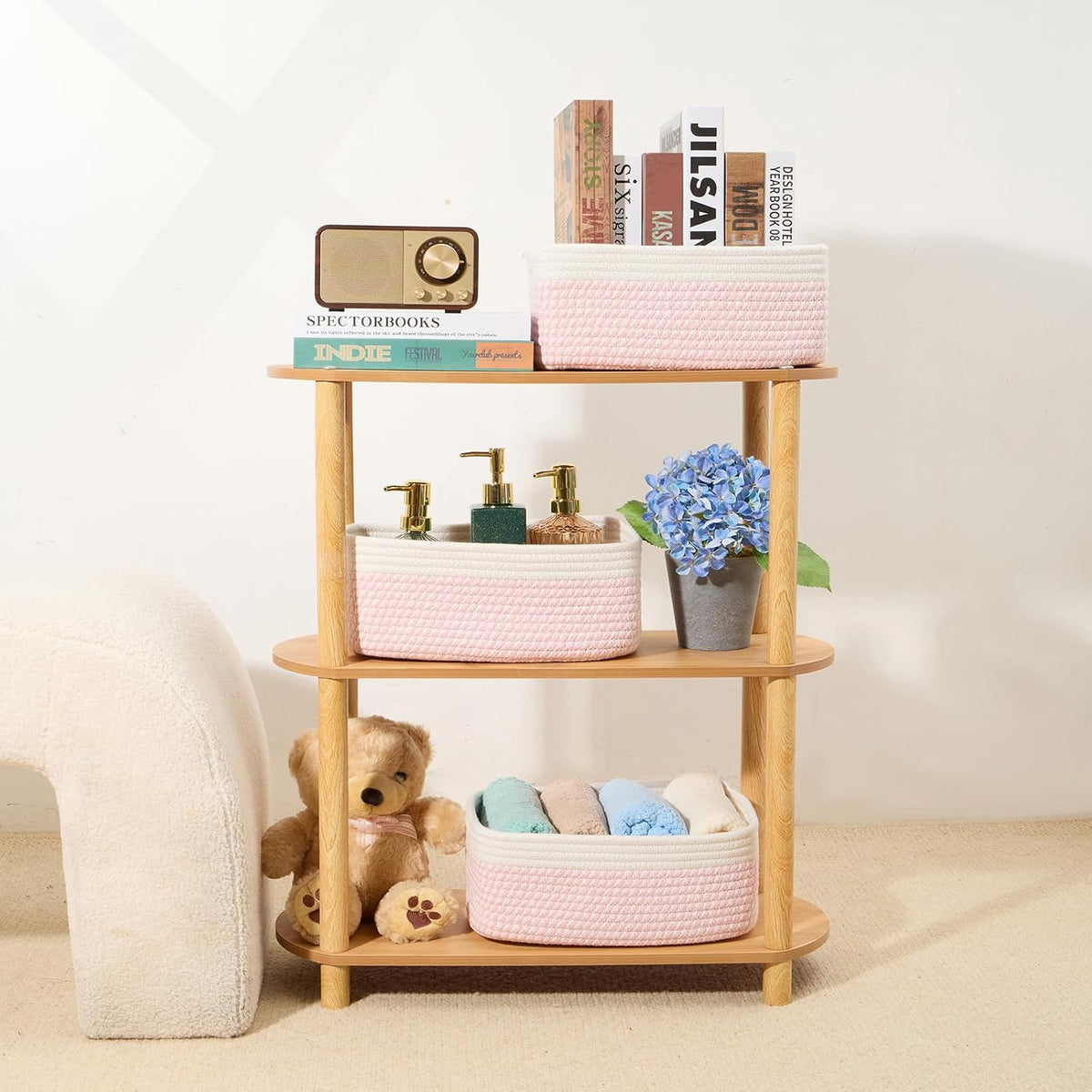 MiniArk Small Storage Baskets for Organizing | Closet Organizer Bins | Shelf Toy Basket | Woven Rope Baskets | Cube Decorative Box | Shallow Basket | 11.5x7.5x4.7” | 3 Packs Light Pink