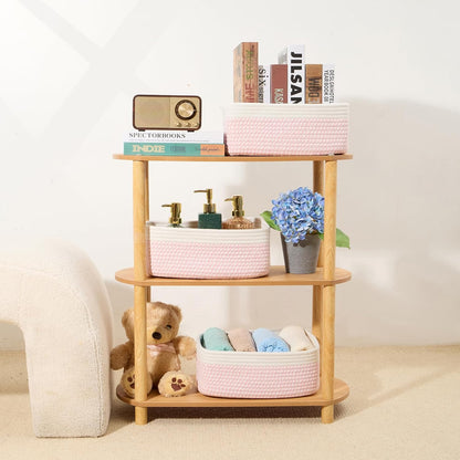 MiniArk Small Storage Baskets for Organizing | Closet Organizer Bins | Shelf Toy Basket | Woven Rope Baskets | Cube Decorative Box | Shallow Basket | 11.5x7.5x4.7” | 3 Packs Light Pink