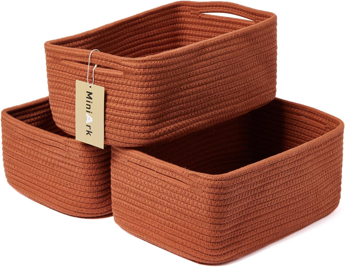 MiniArk Small Storage Baskets for Organizing | Closet Organizer Bins | Shelf Toy Basket | Woven Rope Baskets | Cube Decorative Box | Shallow Basket | 11.5x7.5x4.7” | 3 Packs Light Pink