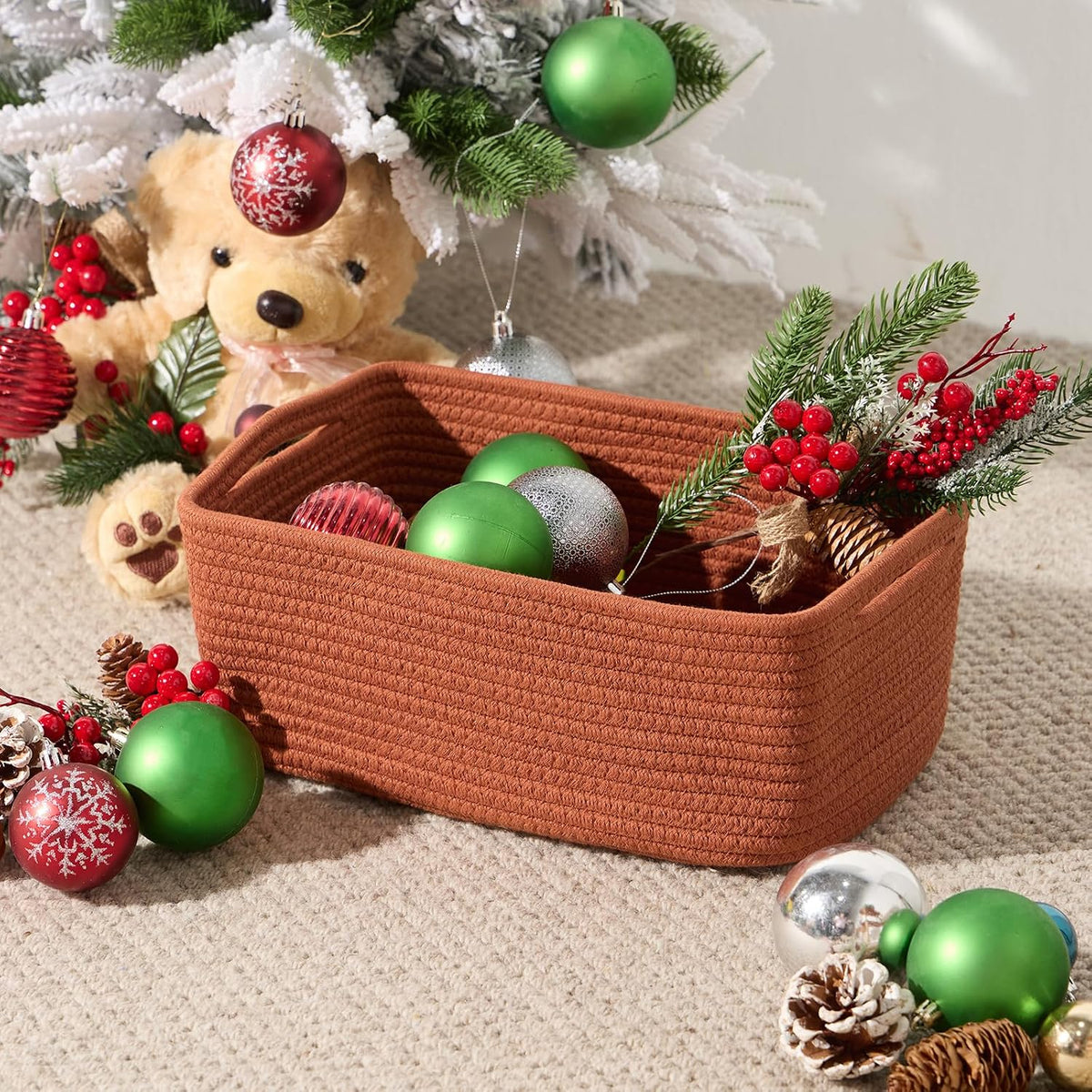 MiniArk Small Storage Baskets for Organizing | Closet Organizer Bins | Shelf Toy Basket | Woven Rope Baskets | Cube Decorative Box | Shallow Basket | 11.5x7.5x4.7” | 3 Packs Light Pink