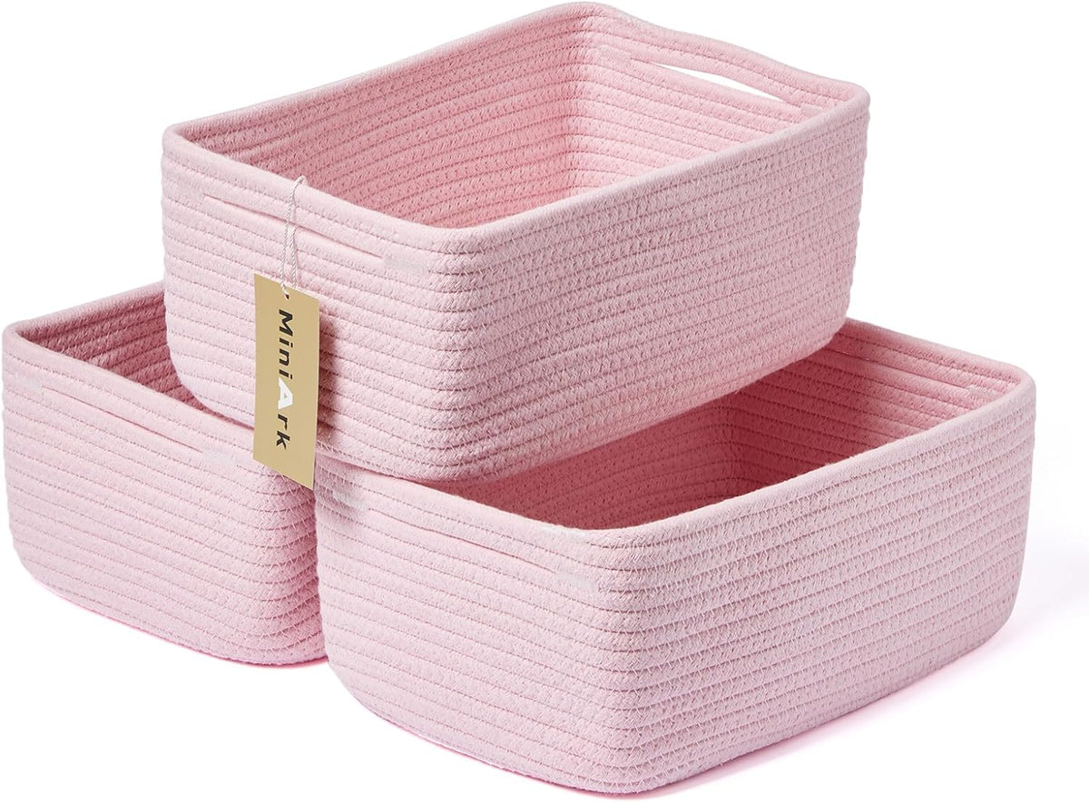 MiniArk Small Storage Baskets for Organizing | Closet Organizer Bins | Shelf Toy Basket | Woven Rope Baskets | Cube Decorative Box | Shallow Basket | 11.5x7.5x4.7” | 3 Packs Light Pink