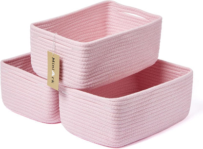 MiniArk Small Storage Baskets for Organizing | Closet Organizer Bins | Shelf Toy Basket | Woven Rope Baskets | Cube Decorative Box | Shallow Basket | 11.5x7.5x4.7” | 3 Packs Light Pink