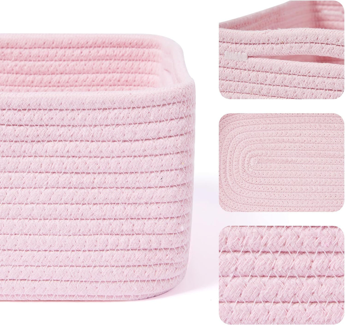 MiniArk Small Storage Baskets for Organizing | Closet Organizer Bins | Shelf Toy Basket | Woven Rope Baskets | Cube Decorative Box | Shallow Basket | 11.5x7.5x4.7” | 3 Packs Light Pink