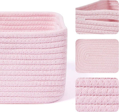 MiniArk Small Storage Baskets for Organizing | Closet Organizer Bins | Shelf Toy Basket | Woven Rope Baskets | Cube Decorative Box | Shallow Basket | 11.5x7.5x4.7” | 3 Packs Light Pink