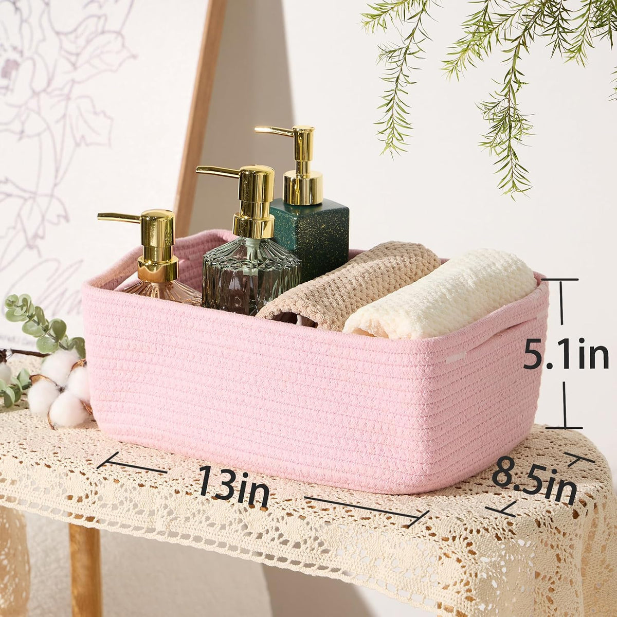 MiniArk Small Storage Baskets for Organizing | Closet Organizer Bins | Shelf Toy Basket | Woven Rope Baskets | Cube Decorative Box | Shallow Basket | 11.5x7.5x4.7” | 3 Packs Light Pink