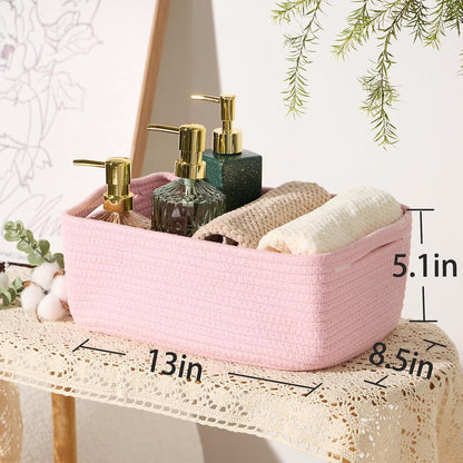MiniArk Small Storage Baskets for Organizing | Closet Organizer Bins | Shelf Toy Basket | Woven Rope Baskets | Cube Decorative Box | Shallow Basket | 11.5x7.5x4.7” | 3 Packs Light Pink