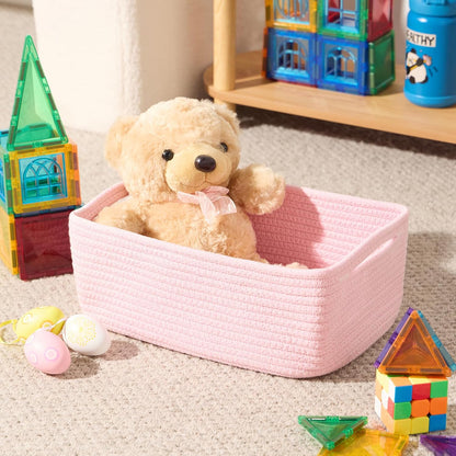 MiniArk Small Storage Baskets for Organizing | Closet Organizer Bins | Shelf Toy Basket | Woven Rope Baskets | Cube Decorative Box | Shallow Basket | 11.5x7.5x4.7” | 3 Packs Light Pink