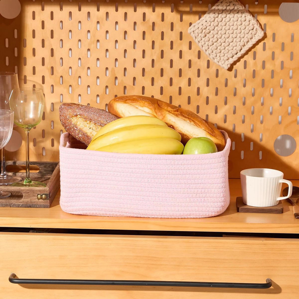 MiniArk Small Storage Baskets for Organizing | Closet Organizer Bins | Shelf Toy Basket | Woven Rope Baskets | Cube Decorative Box | Shallow Basket | 11.5x7.5x4.7” | 3 Packs Light Pink