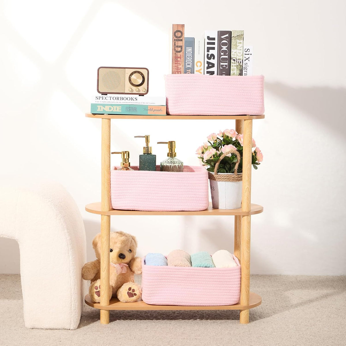 MiniArk Small Storage Baskets for Organizing | Closet Organizer Bins | Shelf Toy Basket | Woven Rope Baskets | Cube Decorative Box | Shallow Basket | 11.5x7.5x4.7” | 3 Packs Light Pink