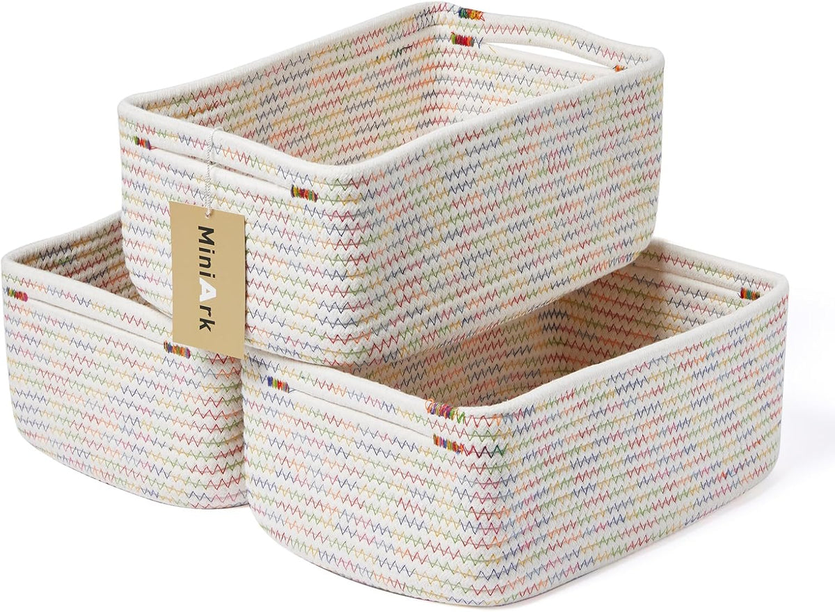MiniArk Small Storage Baskets for Organizing | Closet Organizer Bins | Shelf Toy Basket | Woven Rope Baskets | Cube Decorative Box | Shallow Basket | 11.5x7.5x4.7” | 3 Packs Light Pink