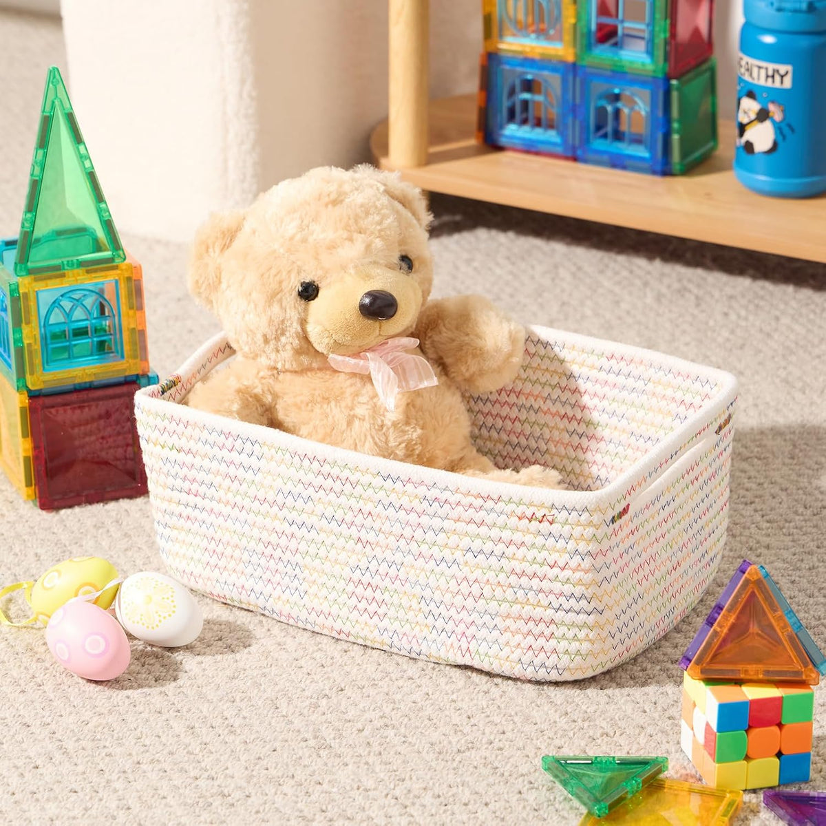 MiniArk Small Storage Baskets for Organizing | Closet Organizer Bins | Shelf Toy Basket | Woven Rope Baskets | Cube Decorative Box | Shallow Basket | 11.5x7.5x4.7” | 3 Packs Light Pink