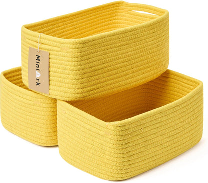 MiniArk Small Storage Baskets for Organizing | Closet Organizer Bins | Shelf Toy Basket | Woven Rope Baskets | Cube Decorative Box | Shallow Basket | 11.5x7.5x4.7” | 3 Packs Light Pink