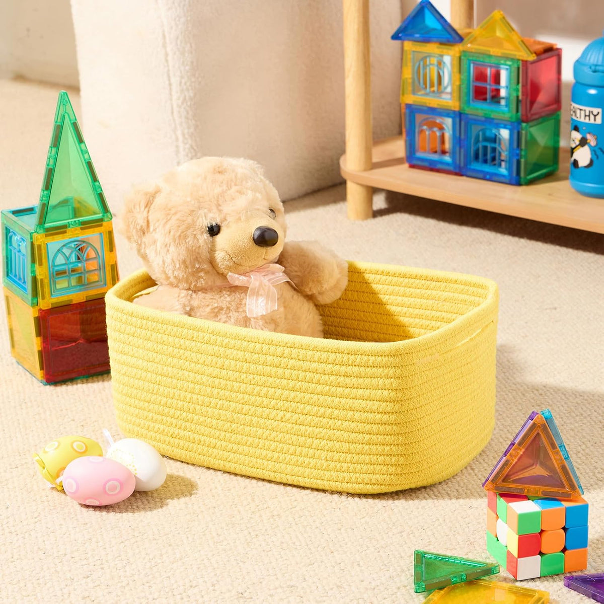 MiniArk Small Storage Baskets for Organizing | Closet Organizer Bins | Shelf Toy Basket | Woven Rope Baskets | Cube Decorative Box | Shallow Basket | 11.5x7.5x4.7” | 3 Packs Light Pink