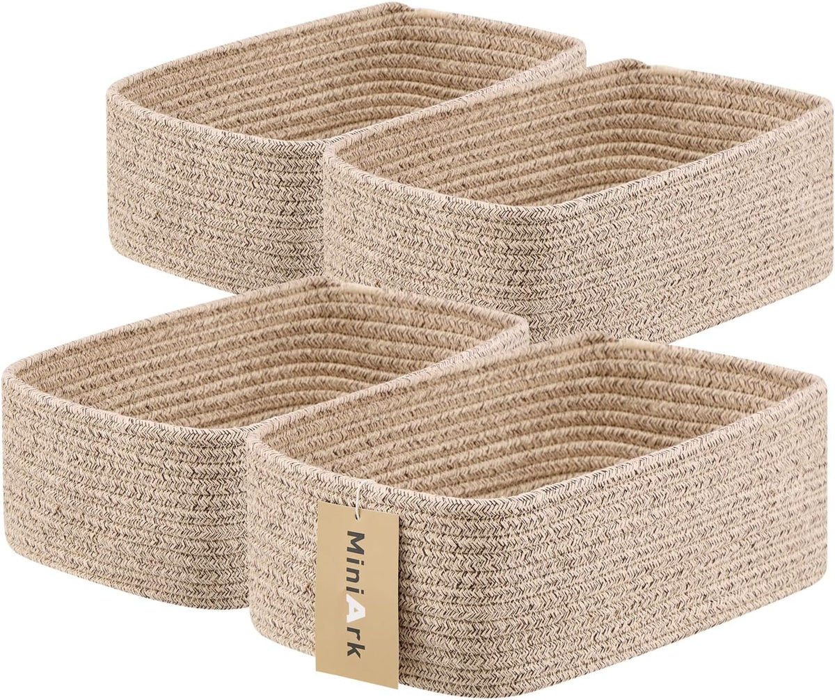 MiniArk Small Storage Baskets for Organizing | Closet Organizer Bins | Shelf Toy Basket | Woven Rope Baskets | Cube Decorative Box | Shallow Basket | 11.5x7.5x4.7” | 3 Packs Light Pink